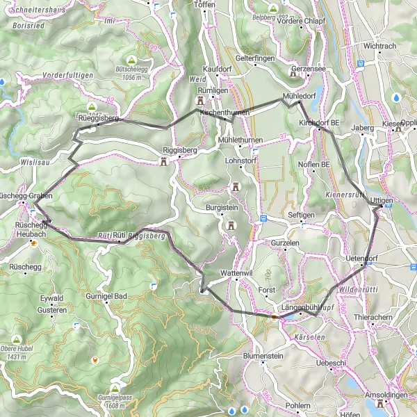 Miniatura della mappa di ispirazione al ciclismo "Road Cycling Adventure near Uttigen" nella regione di Espace Mittelland, Switzerland. Generata da Tarmacs.app, pianificatore di rotte ciclistiche