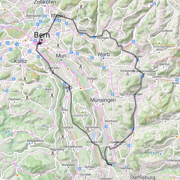 Kartminiatyr av "Vägen till Bern" cykelinspiration i Espace Mittelland, Switzerland. Genererad av Tarmacs.app cykelruttplanerare