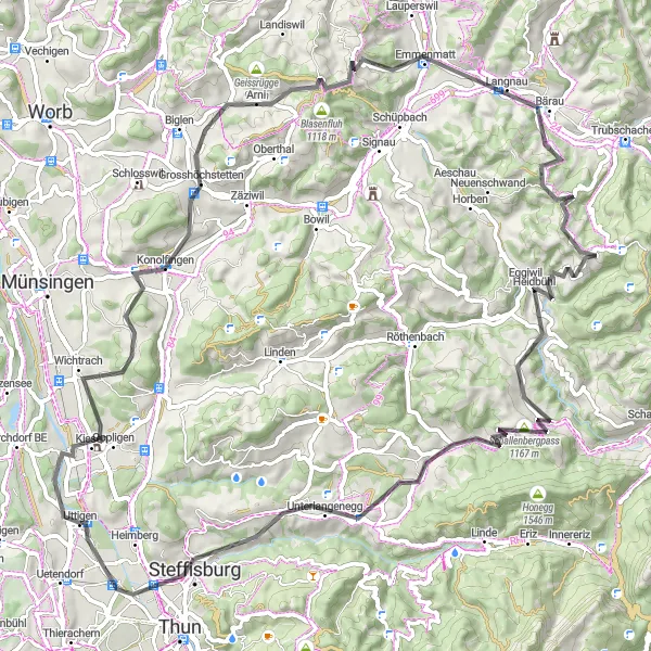 Mapa miniatúra "Road Cycling Adventure near Uttigen" cyklistická inšpirácia v Espace Mittelland, Switzerland. Vygenerované cyklistickým plánovačom trás Tarmacs.app