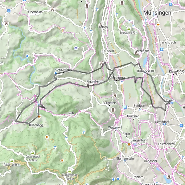 Mapa miniatúra "Road okruh cez Rüschegg" cyklistická inšpirácia v Espace Mittelland, Switzerland. Vygenerované cyklistickým plánovačom trás Tarmacs.app