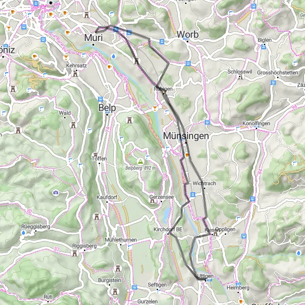 Zemljevid v pomanjšavi "Kolesarska pot Jaberg-Muri-Kirchdorf BE" kolesarske inspiracije v Espace Mittelland, Switzerland. Generirano z načrtovalcem kolesarskih poti Tarmacs.app