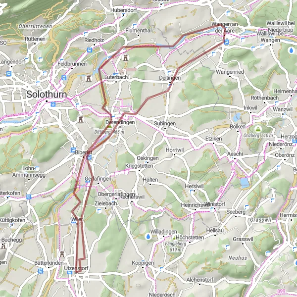 Karttaminiaatyyri "Utzenstorf - Derendingen - Dittiberg Reitti" pyöräilyinspiraatiosta alueella Espace Mittelland, Switzerland. Luotu Tarmacs.app pyöräilyreittisuunnittelijalla