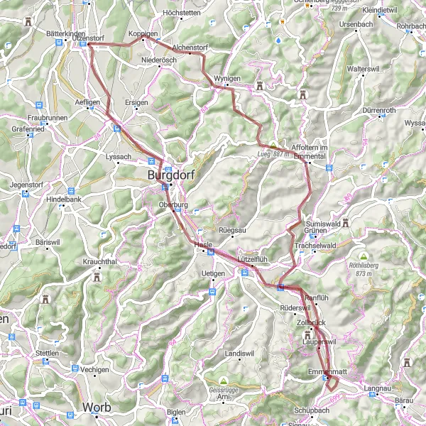 Miniatura della mappa di ispirazione al ciclismo "Percorso in bicicletta da Utzenstorf a Lauperswil" nella regione di Espace Mittelland, Switzerland. Generata da Tarmacs.app, pianificatore di rotte ciclistiche