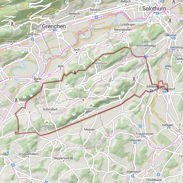 Miniatura della mappa di ispirazione al ciclismo "Giro ciclistico da Utzenstorf a Büren, attraverso Lärchenberg e Schloss Landshut" nella regione di Espace Mittelland, Switzerland. Generata da Tarmacs.app, pianificatore di rotte ciclistiche
