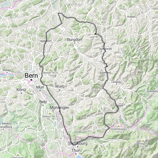 Miniaturekort af cykelinspirationen "Spændende Landevejscykelrute i det schweiziske landskab" i Espace Mittelland, Switzerland. Genereret af Tarmacs.app cykelruteplanlægger