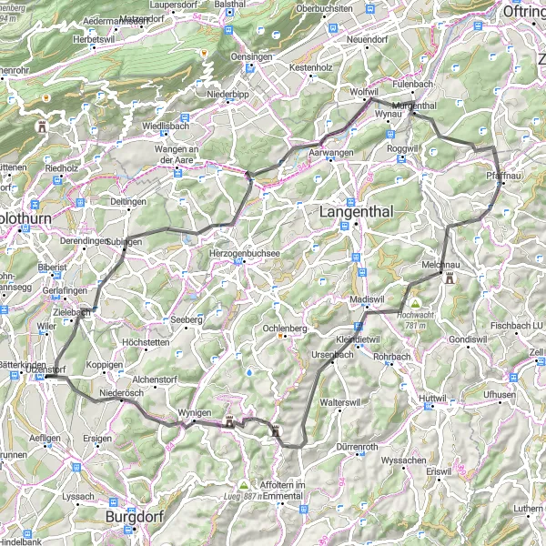Miniaturekort af cykelinspirationen "Racerute gennem det naturskønne Espace Mittelland" i Espace Mittelland, Switzerland. Genereret af Tarmacs.app cykelruteplanlægger