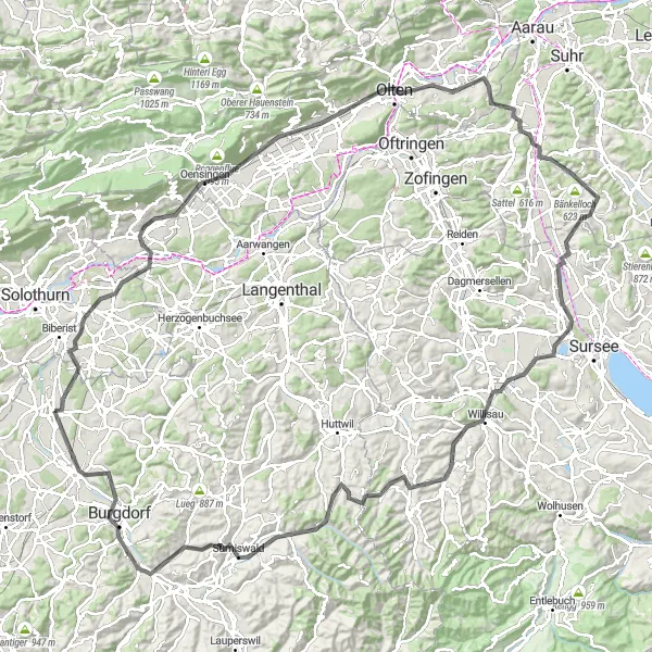 Karten-Miniaturansicht der Radinspiration "Epische Tour durchs Mittelland" in Espace Mittelland, Switzerland. Erstellt vom Tarmacs.app-Routenplaner für Radtouren