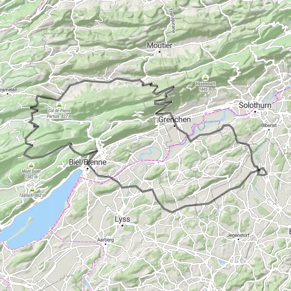 Miniatura della mappa di ispirazione al ciclismo "Itinerario in bicicletta da Utzenstorf ad Altisberg, attraversando Aegerten e Tavannes" nella regione di Espace Mittelland, Switzerland. Generata da Tarmacs.app, pianificatore di rotte ciclistiche