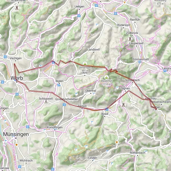 Miniaturní mapa "Gravelový výlet kolem malebných cest" inspirace pro cyklisty v oblasti Espace Mittelland, Switzerland. Vytvořeno pomocí plánovače tras Tarmacs.app