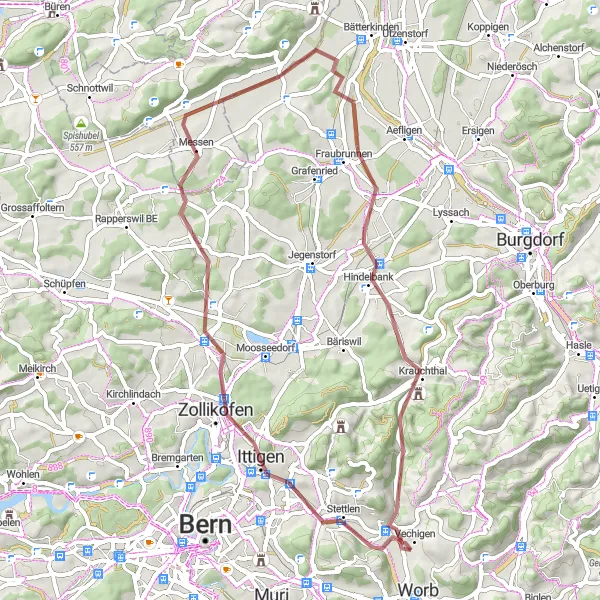 Miniatua del mapa de inspiración ciclista "Ruta de Grava Vechigen-Hindelbank-Vechigen" en Espace Mittelland, Switzerland. Generado por Tarmacs.app planificador de rutas ciclistas