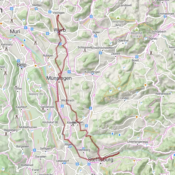 Map miniature of "Diverse Gravel Adventure" cycling inspiration in Espace Mittelland, Switzerland. Generated by Tarmacs.app cycling route planner