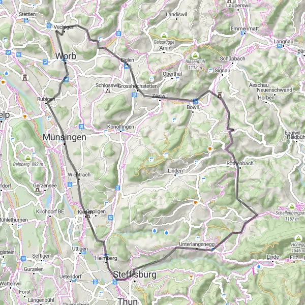 Map miniature of "A Scenic Road Cycling Adventure" cycling inspiration in Espace Mittelland, Switzerland. Generated by Tarmacs.app cycling route planner