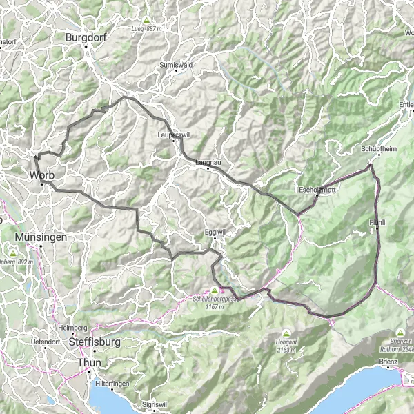 Miniatua del mapa de inspiración ciclista "Ruta épica de ciclismo por carretera desde Vechigen a Langnau y Flühli" en Espace Mittelland, Switzerland. Generado por Tarmacs.app planificador de rutas ciclistas