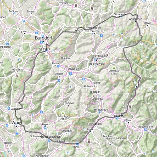 Map miniature of "Hills and Valleys" cycling inspiration in Espace Mittelland, Switzerland. Generated by Tarmacs.app cycling route planner