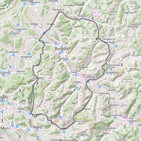 Miniatura della mappa di ispirazione al ciclismo "Giro in bicicletta da Vechigen attraverso Krauchthal a Radelfingen" nella regione di Espace Mittelland, Switzerland. Generata da Tarmacs.app, pianificatore di rotte ciclistiche