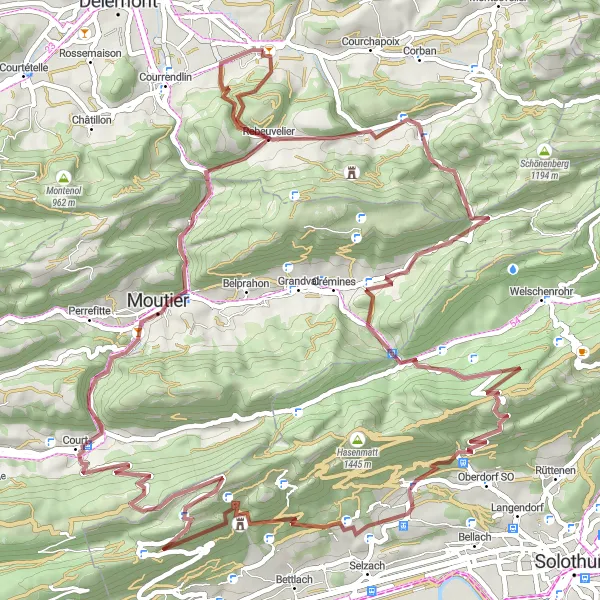 Kartminiatyr av "Grusvei Eventyr i Jura" sykkelinspirasjon i Espace Mittelland, Switzerland. Generert av Tarmacs.app sykkelrutoplanlegger