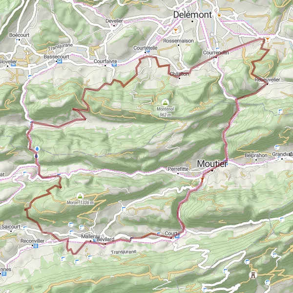 Miniatua del mapa de inspiración ciclista "Ruta de ciclismo de grava por los paisajes pintorescos cerca de Vicques" en Espace Mittelland, Switzerland. Generado por Tarmacs.app planificador de rutas ciclistas
