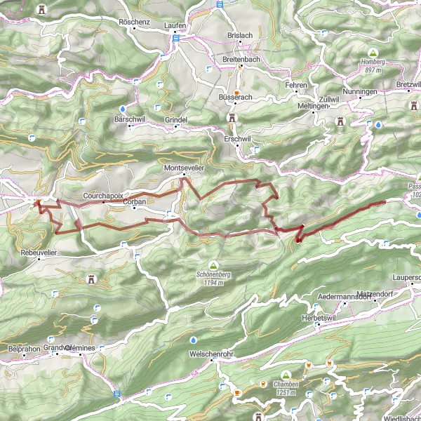 Miniatura della mappa di ispirazione al ciclismo "Sfida Gravel attraverso il Giura" nella regione di Espace Mittelland, Switzerland. Generata da Tarmacs.app, pianificatore di rotte ciclistiche