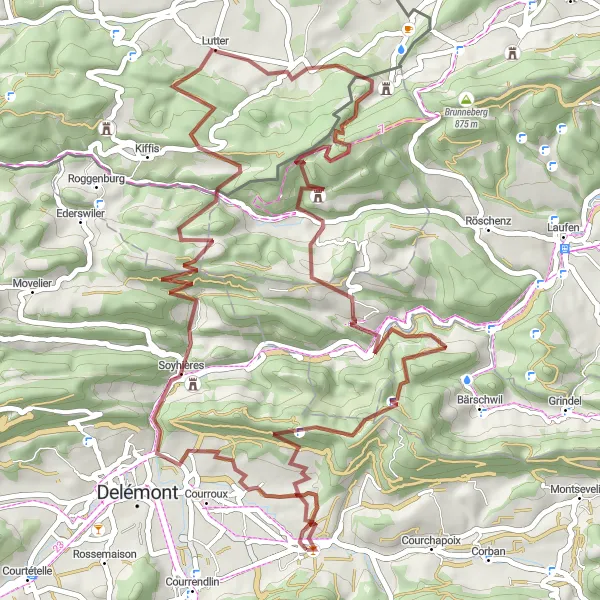 Miniaturekort af cykelinspirationen "Grusvej cykeltur rundt om Vicques" i Espace Mittelland, Switzerland. Genereret af Tarmacs.app cykelruteplanlægger