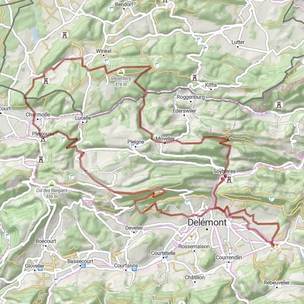 Miniatua del mapa de inspiración ciclista "Ruta de Grava del Castillo de Delémont" en Espace Mittelland, Switzerland. Generado por Tarmacs.app planificador de rutas ciclistas