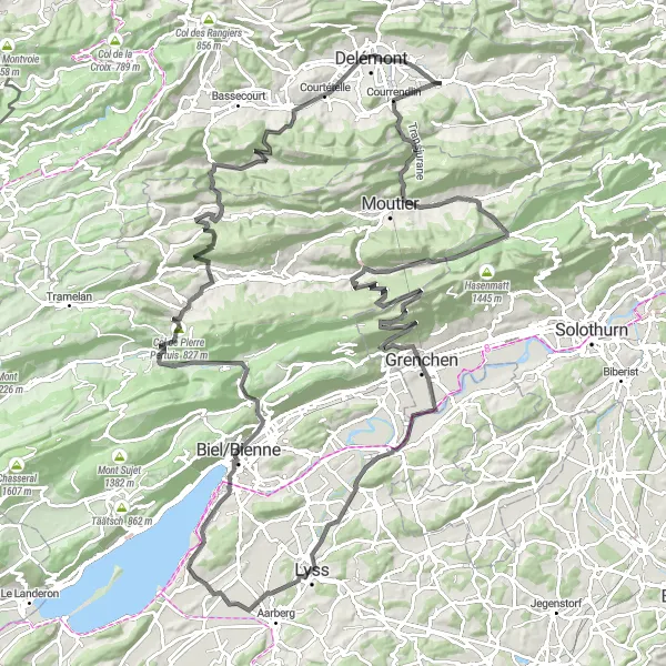 Zemljevid v pomanjšavi "Zahtevno kolesarjenje po Espace Mittelland" kolesarske inspiracije v Espace Mittelland, Switzerland. Generirano z načrtovalcem kolesarskih poti Tarmacs.app