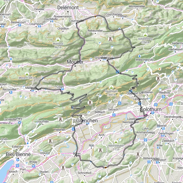 Miniatura della mappa di ispirazione al ciclismo "Tour Stradale dei Colli del Giura" nella regione di Espace Mittelland, Switzerland. Generata da Tarmacs.app, pianificatore di rotte ciclistiche