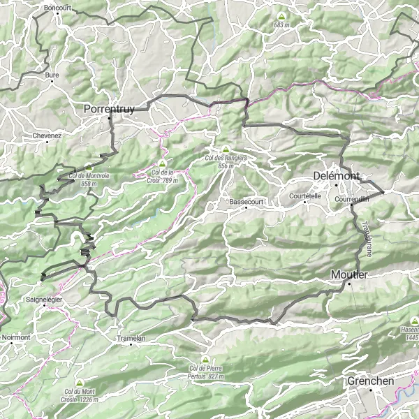 Miniature de la carte de l'inspiration cycliste "La Boucle des Montagnes Jurassiennes" dans la Espace Mittelland, Switzerland. Générée par le planificateur d'itinéraire cycliste Tarmacs.app