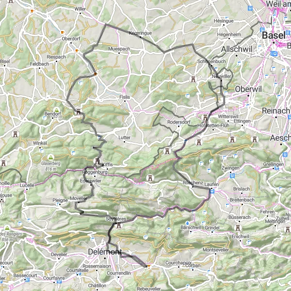 Miniatua del mapa de inspiración ciclista "Ruta Escénica a Ruine du Château de Soyhières" en Espace Mittelland, Switzerland. Generado por Tarmacs.app planificador de rutas ciclistas