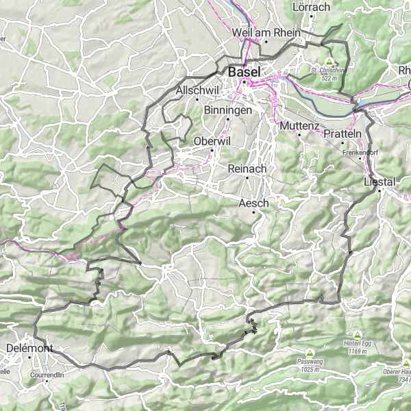 Miniatua del mapa de inspiración ciclista "Vistas Escénicas de Soyhières-Augst" en Espace Mittelland, Switzerland. Generado por Tarmacs.app planificador de rutas ciclistas