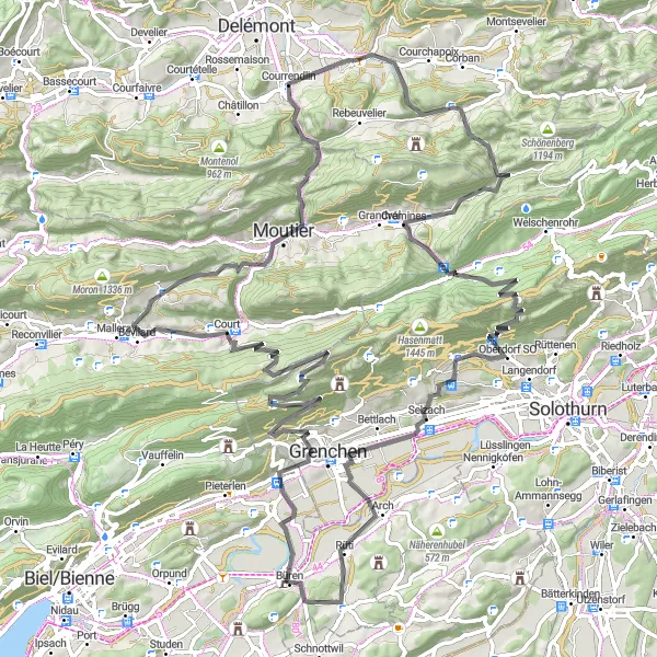Map miniature of "Cycling the Jura Mountains" cycling inspiration in Espace Mittelland, Switzerland. Generated by Tarmacs.app cycling route planner