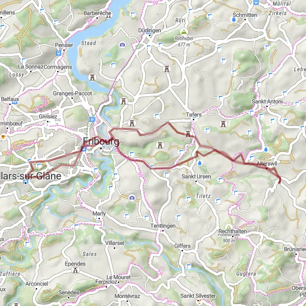 Miniatua del mapa de inspiración ciclista "Ruta de Grava a Alterswil" en Espace Mittelland, Switzerland. Generado por Tarmacs.app planificador de rutas ciclistas