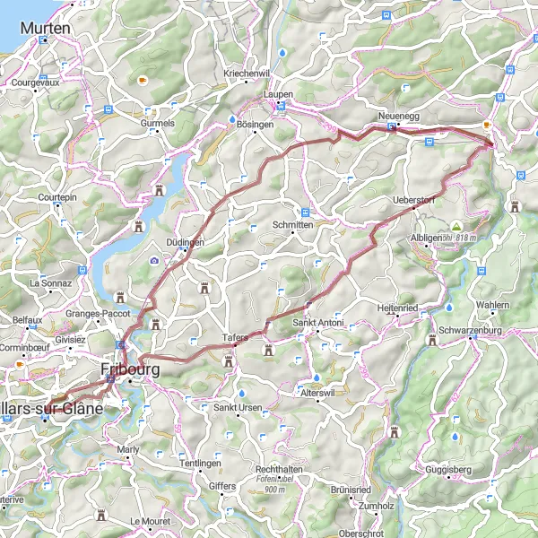 Miniatua del mapa de inspiración ciclista "Ruta de Grava Escénica cerca de Villars-sur-Glâne" en Espace Mittelland, Switzerland. Generado por Tarmacs.app planificador de rutas ciclistas