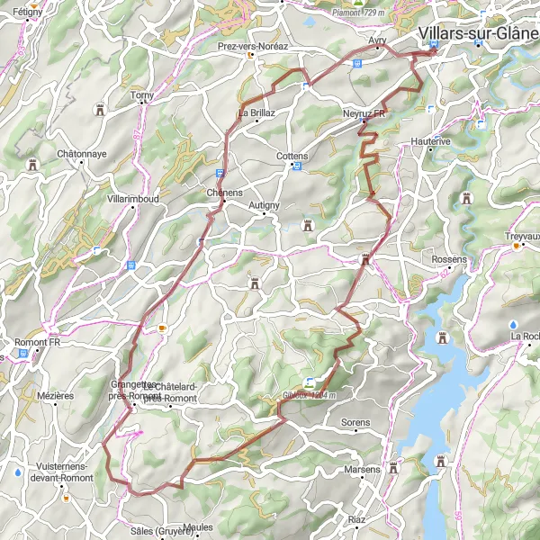 Miniatua del mapa de inspiración ciclista "Ruta de Grava por los Pueblos de Neyruz FR y Avry" en Espace Mittelland, Switzerland. Generado por Tarmacs.app planificador de rutas ciclistas