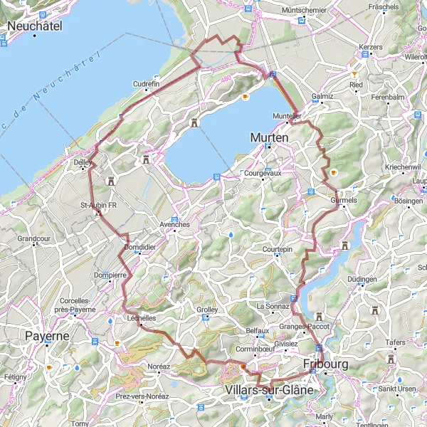 Miniatua del mapa de inspiración ciclista "Ruta de Grava en los alrededores de Villars-sur-Glâne" en Espace Mittelland, Switzerland. Generado por Tarmacs.app planificador de rutas ciclistas