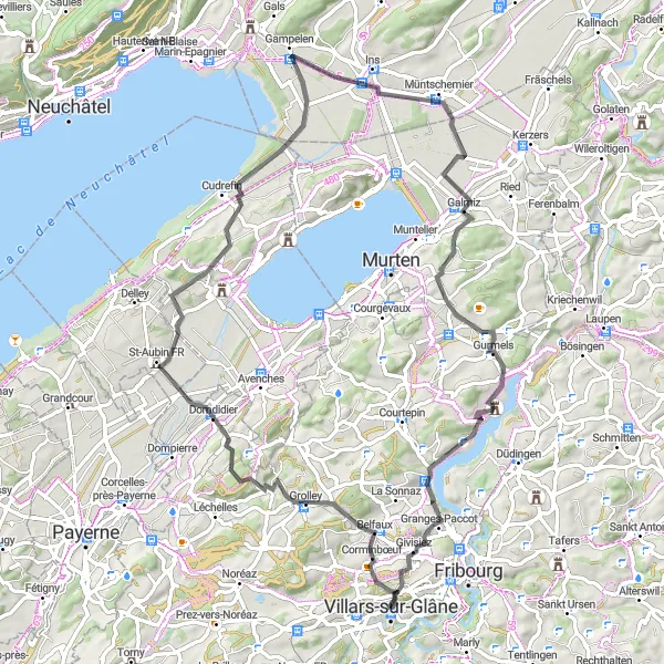 Miniatua del mapa de inspiración ciclista "Ruta de Carretera por Belfaux y Barberêche" en Espace Mittelland, Switzerland. Generado por Tarmacs.app planificador de rutas ciclistas