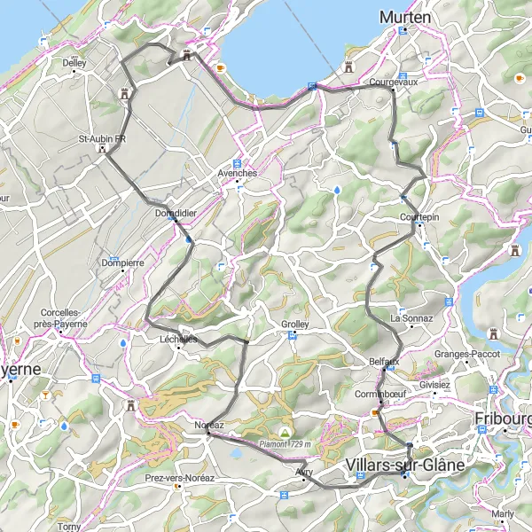Miniatua del mapa de inspiración ciclista "Ruta Escénica a Belfaux" en Espace Mittelland, Switzerland. Generado por Tarmacs.app planificador de rutas ciclistas