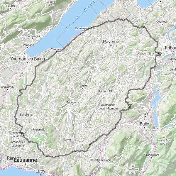 Miniatura della mappa di ispirazione al ciclismo "Tour delle colline di Friburgo" nella regione di Espace Mittelland, Switzerland. Generata da Tarmacs.app, pianificatore di rotte ciclistiche