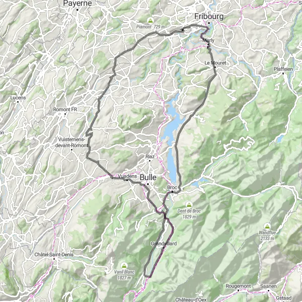 Kartminiatyr av "Panoramautsikt fra Villars-sur-Glâne til Matran" sykkelinspirasjon i Espace Mittelland, Switzerland. Generert av Tarmacs.app sykkelrutoplanlegger