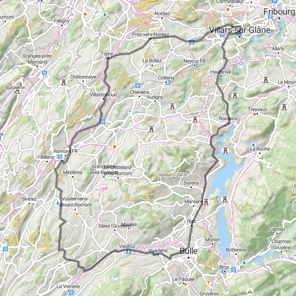 Miniatua del mapa de inspiración ciclista "Ruta en Carretera desde Villars-sur-Glâne" en Espace Mittelland, Switzerland. Generado por Tarmacs.app planificador de rutas ciclistas