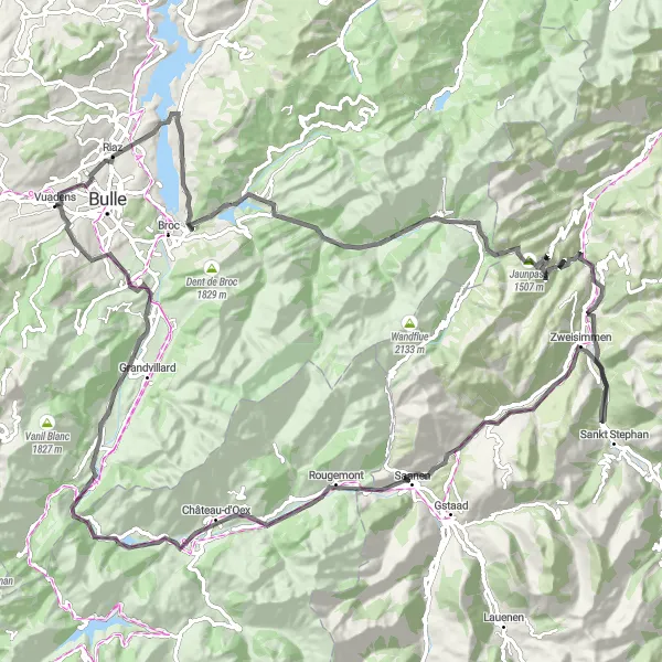 Mapa miniatúra "Cyklistická trasa Gruyère Loop" cyklistická inšpirácia v Espace Mittelland, Switzerland. Vygenerované cyklistickým plánovačom trás Tarmacs.app