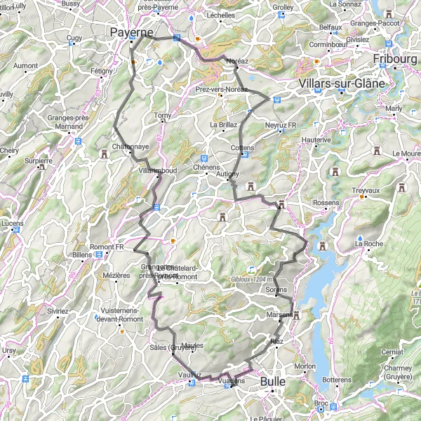 Map miniature of "The Gruyère Circuit" cycling inspiration in Espace Mittelland, Switzerland. Generated by Tarmacs.app cycling route planner