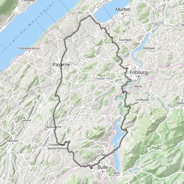Miniatua del mapa de inspiración ciclista "Excursión en bicicleta de carretera por hermosos paisajes" en Espace Mittelland, Switzerland. Generado por Tarmacs.app planificador de rutas ciclistas
