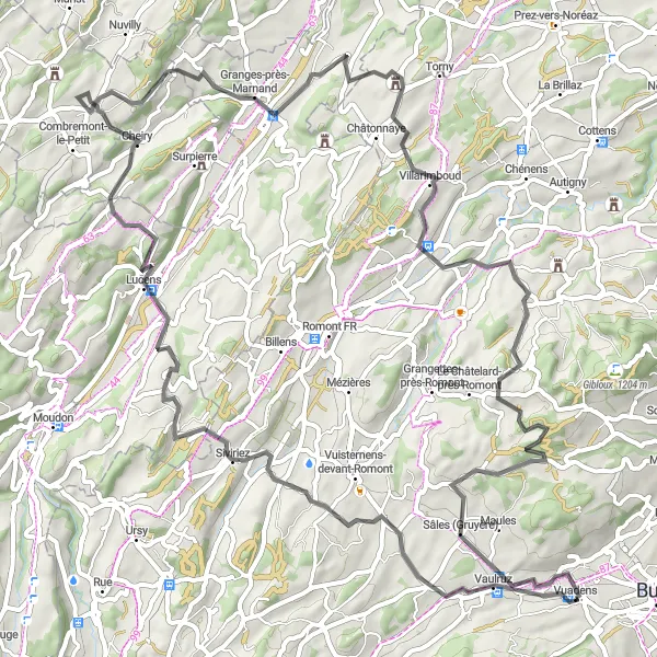 Miniatura della mappa di ispirazione al ciclismo "Tour in bicicletta da Vuadens a Romanens" nella regione di Espace Mittelland, Switzerland. Generata da Tarmacs.app, pianificatore di rotte ciclistiche