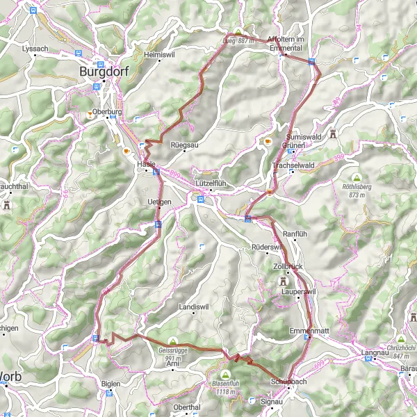 Kartminiatyr av "Historiske høydepunkter i Emmental-grusvei" sykkelinspirasjon i Espace Mittelland, Switzerland. Generert av Tarmacs.app sykkelrutoplanlegger