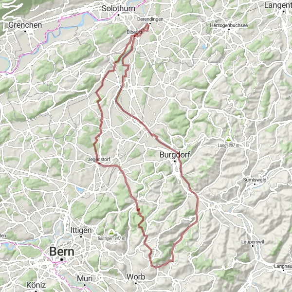 Miniatura della mappa di ispirazione al ciclismo "Alla scoperta della campagna svizzera" nella regione di Espace Mittelland, Switzerland. Generata da Tarmacs.app, pianificatore di rotte ciclistiche