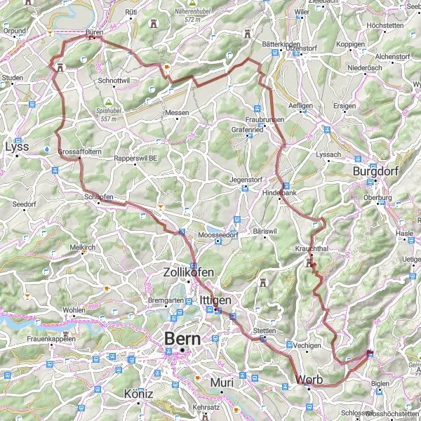 Map miniature of "Worb to Lüüseberg Gravel Route" cycling inspiration in Espace Mittelland, Switzerland. Generated by Tarmacs.app cycling route planner