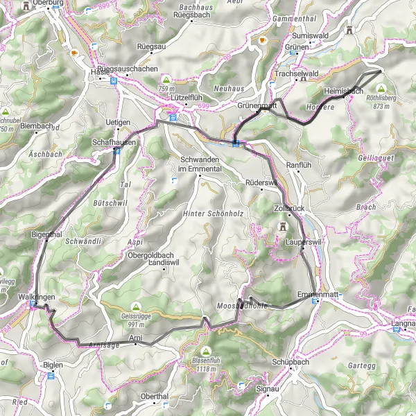 Karttaminiaatyyri "Rentouttava pyöräretki keskellä luontoa" pyöräilyinspiraatiosta alueella Espace Mittelland, Switzerland. Luotu Tarmacs.app pyöräilyreittisuunnittelijalla