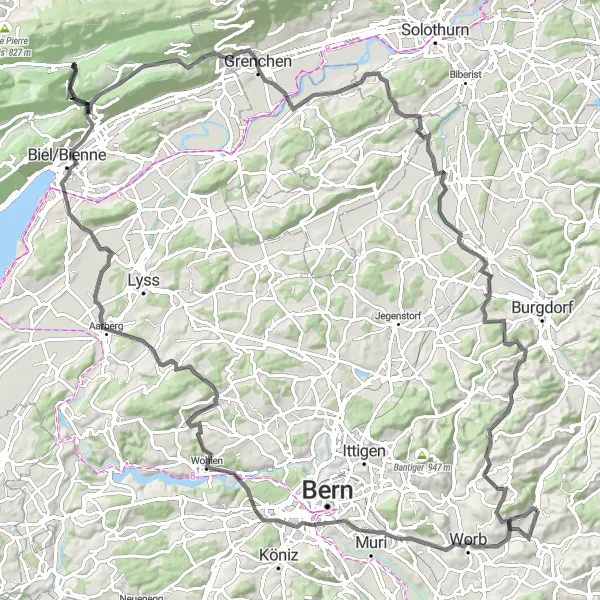 Karten-Miniaturansicht der Radinspiration "Rundtour durch Espace Mittelland" in Espace Mittelland, Switzerland. Erstellt vom Tarmacs.app-Routenplaner für Radtouren