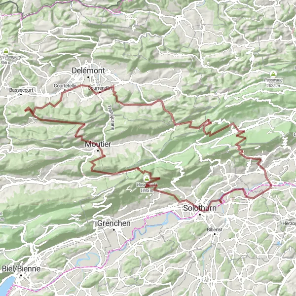 Miniatua del mapa de inspiración ciclista "Ruta de Solothurn a Rüttelhorn" en Espace Mittelland, Switzerland. Generado por Tarmacs.app planificador de rutas ciclistas