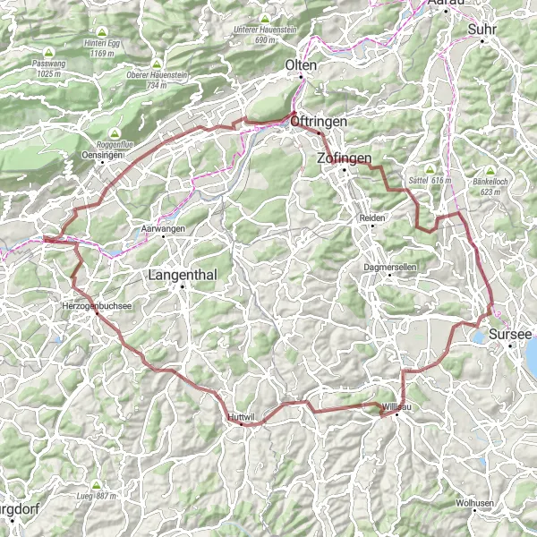 Mapa miniatúra "Gravelová trasa cez Oftringen a Ettiswil" cyklistická inšpirácia v Espace Mittelland, Switzerland. Vygenerované cyklistickým plánovačom trás Tarmacs.app
